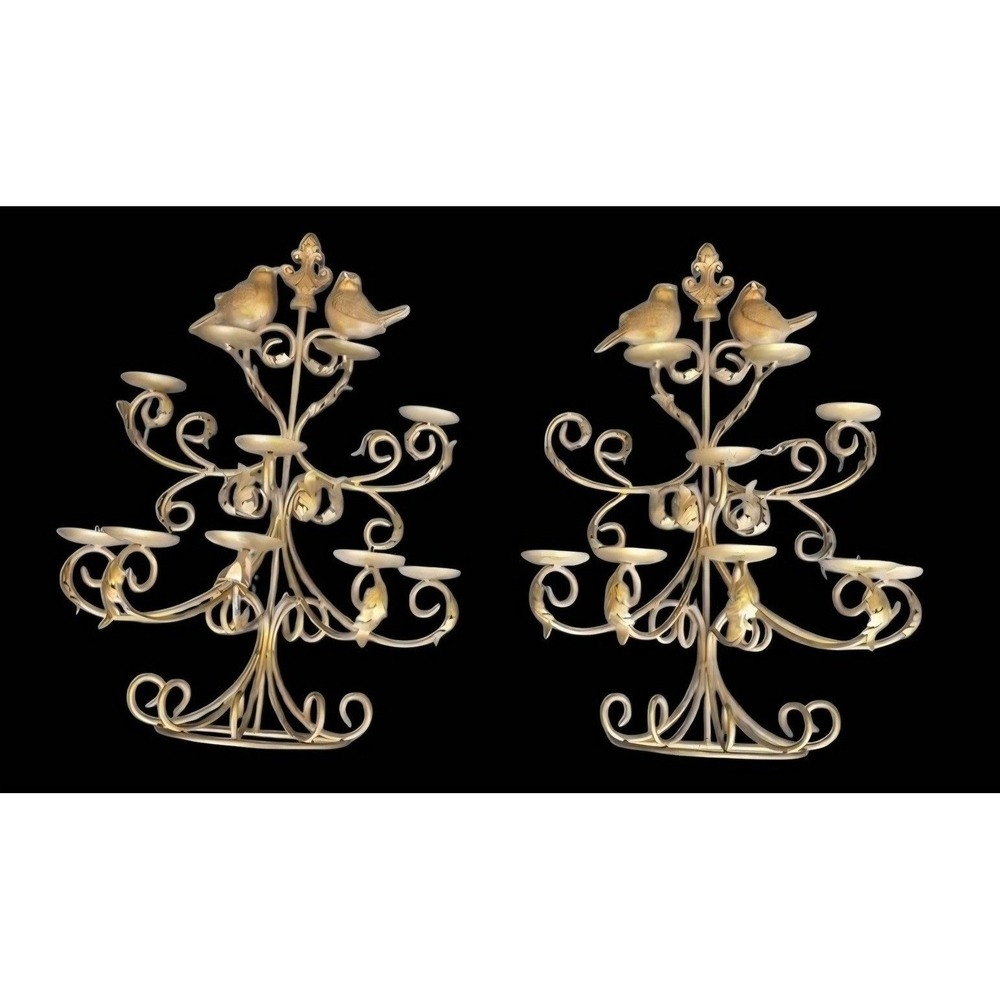 Pair VTG Gold Bird Candelabras 10 Light Metal Fleur De Lis Candle Holders MCM